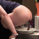 A woman takes a semi-solid shit into a bowl on the kitchen counter. Product is clearly shown in the bowl afterward. About a minute.